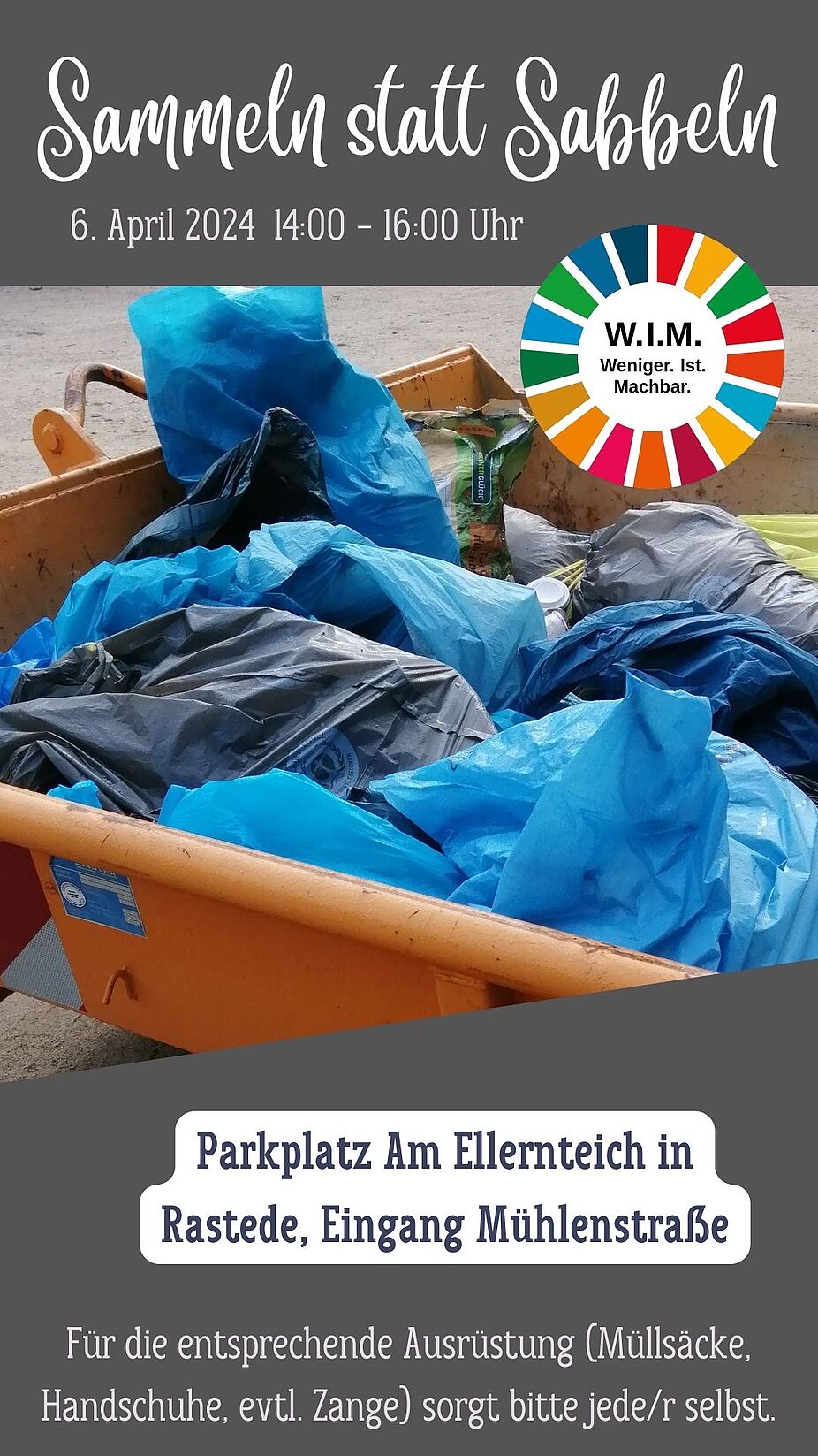 Sammeln-statt-Sabbeln_Flyer Sammeln statt Sabbeln - Müllsammel-Aktion in Rastede am 6. April 2024, Start ist um 14.00 Uhr auf dem Parkplatz an der Mühlenstraße